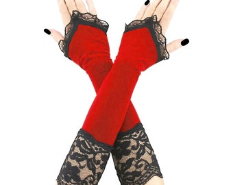 Gants noirs rouges élégants, gants gothiques de soirée glamour burlesques victoriens, gants mitaines vampire noir costume halloween cadeau fait main