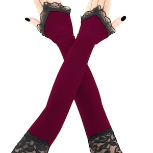 Red Wine Opera Gloves Lace Trim, Extra Long Fingerless Arm Warmers XS- XL