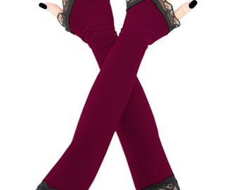 Red Wine Lace Fingerless Gloves 20 Inch Opera Length Arm Warmers