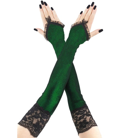 green gloves fancy dress Emerald Metallic Victorian Lace Fingerless Long Opera Prom Costume Arm Warmers Luxury poison ivy dc
