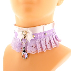 Kawaii purple white collar lolita choker satin lace bow with gem o ring with heart pendant neko jewel with glass stones made to order