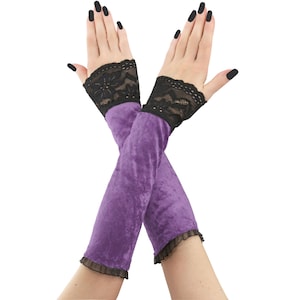 Elegant black lilac velvet gloves with lace victorian burlesque glamour evening gothic sleeves vampire fingerless gloves costume halloween