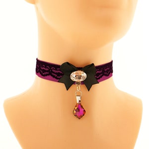 Black Lace Choker Necklace Satin Bow, Red Wine Glass Pendant, Evening Collar