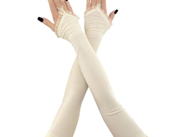 Beige Opéra Fingerlose Handschuhe Extra Lange Braut Hochzeit Armstulpen Handgefertigte Größe XS - 3XL