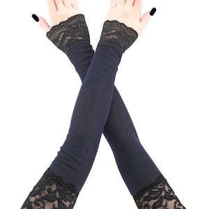 Extra long sleeves metallic blue black lace fingerless gloves, womens arm warmers, evening gloves opera over elbow formal stretch costume
