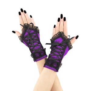Purple velvet womens gloves, goth fingerless gloves, wrist warmers goth evening girls goth costume lacing corset gloves short romantic gift