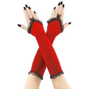 Elegant Red & Black Lace Fingerless Gloves Evening Womens Glamour Costume Size XS - 3XL