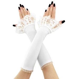 White Lace Frill Fingerless Bridal Gloves: Long Wedding Arm Warmers Handmade Size XS - 3XL