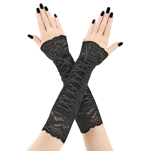 Gothic Corset Laced Fingerless Gloves: Black Lace Elbow Length Handmade Size XS - 3XL
