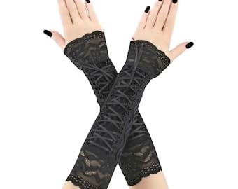 Gothic Black Lace Fingerless Gloves, Corset Laced Elbow Length Arm Warmers, Handmade Victorian Steampunk Wedding Accessories, All Sizes