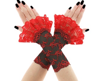 Red and Black Lace Ruffle Gloves, Gothic Lolita Wrist Cuffs, Vampire Aesthetic Frilled Mitts, Dark Victorian Arm Warmers, Handmade XS-3XL