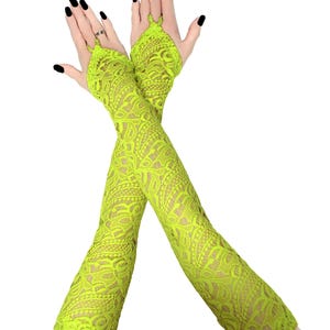 Neon Green Lace Opera Gloves: Long Elastic Evening Gloves Handmade Size XS - 3XL