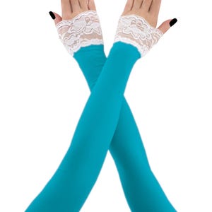 Extra lange turkoois witte kanten vingerloze handschoenen armwarmers dames avondhandschoen opera over elleboog formele handschoenen stretch armcover kostuum