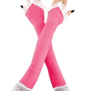 Neon Pink White Lace Opera Gloves: Extra Long Fingerless Arm Warmers Size XS - 3XL