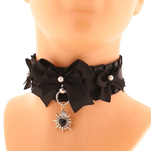 Gothic Black Lace Collar Choker, Ring Pendant Heart Womens Goth Pearl Bow Collars, Satin Lace Necklace Dark Victorian Gothic Girls Costume