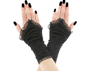 Womens black gloves, black gothic fingerless gloves, evening elastic gloves, warmers goth womens costume, elbow length gloves, made to order
