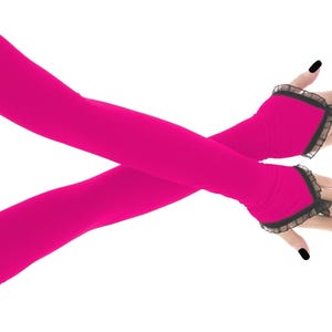 Guantes largos de noche azul marino, mangas ópera sin dedos de encaje negro con lazo para el dedo, calentadores de brazos para vestidos de fiesta formales de graduación y gala. Fuchsia