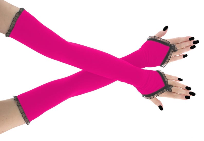 Guantes largos de noche azul marino, mangas ópera sin dedos de encaje negro con lazo para el dedo, calentadores de brazos para vestidos de fiesta formales de graduación y gala. Fuchsia