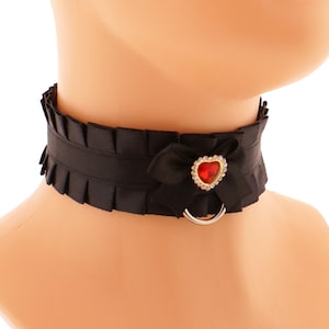 Gothic Satin Collar Choker: Red Heart, D Ring, Bow Pendant Handmade Size XS - 3XL