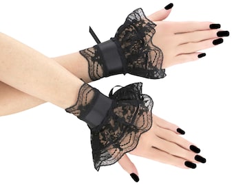 Womens black cuffs romantic satin lace with ruffled, bridal wedding goth victorian costume carneval black lace bracelet vampire costume