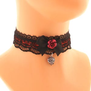Red Satin Lace Choker: Gothic Bow Collar Heart, Victorian Vampire Jewelry Handmade XS - 5XL