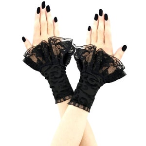 Calentadores de brazos de terciopelo negro con encaje y volantes, muñequeras góticas victorianas, accesorios burlescos para mujer.
