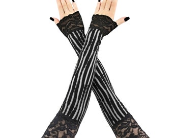 Gants rayés élégants, gants gothiques extra longs de soirée glamour burlesque victorienne, cadeau d'halloween de déguisement de mitaines de vampire noir