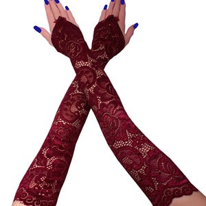Red Wine Lace Opera Gloves, Evening Victorian Burlesque Glamour XS - 3XL