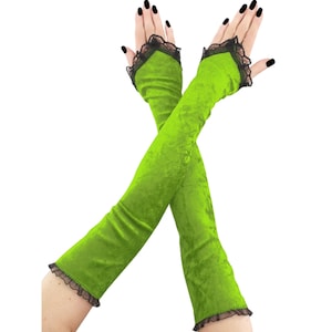 Neon Green Velvet Opera Gloves: Long Fingerless Sleeves Evening Handmade Size XS - 3XL