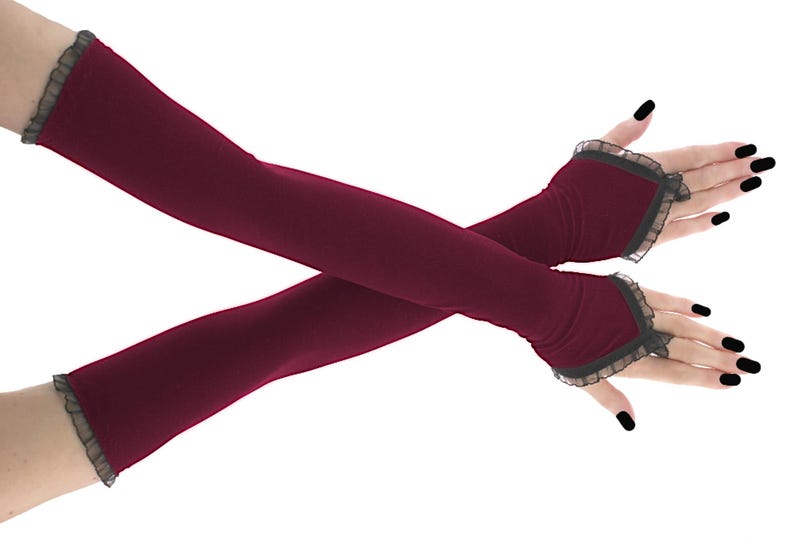 Guantes largos de noche azul marino, mangas ópera sin dedos de encaje negro con lazo para el dedo, calentadores de brazos para vestidos de fiesta formales de graduación y gala. red wine