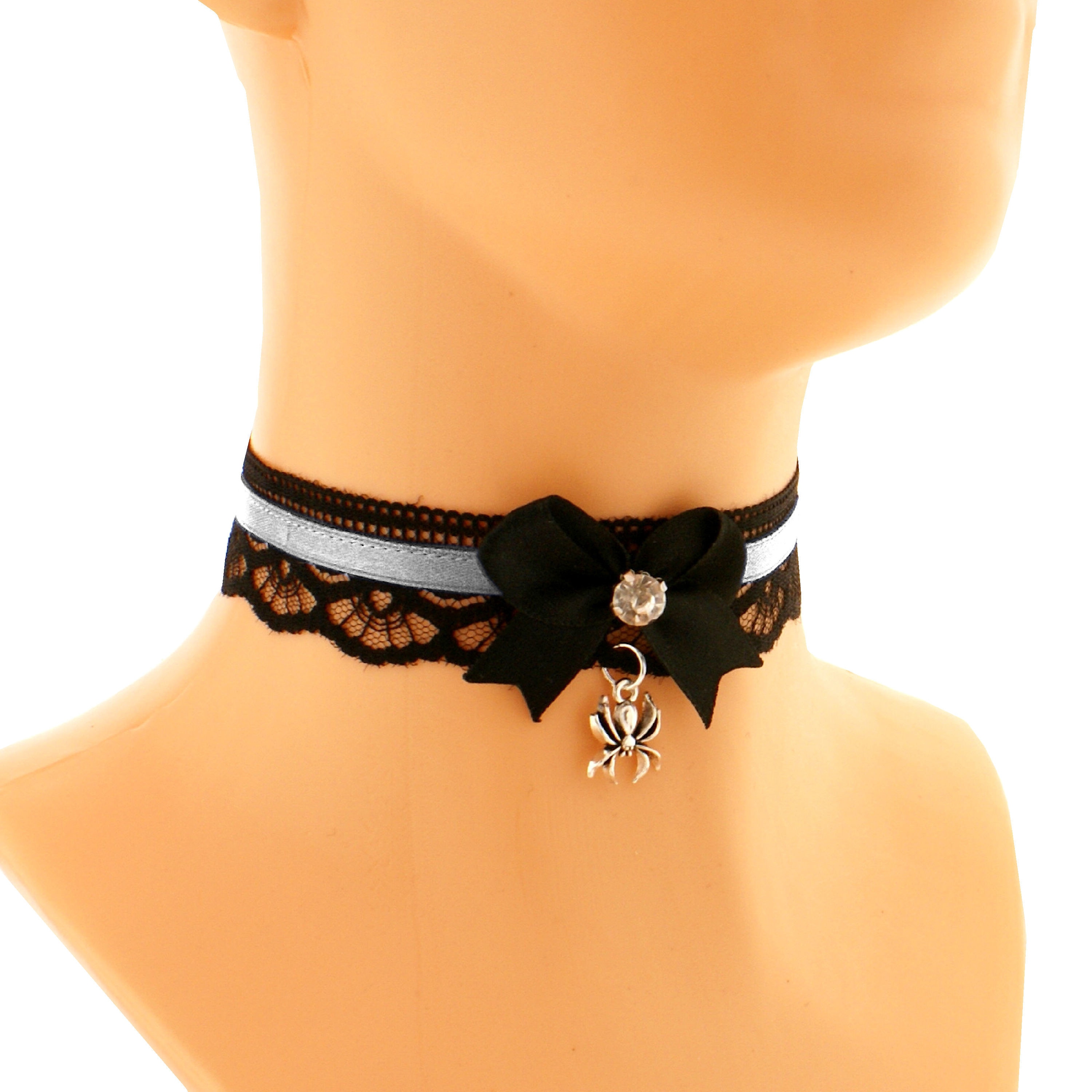 Goth Lace Choker Necklace Purple Satin, Black Bow & Spider Charm