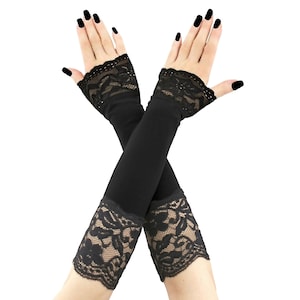 Black Lace Fingerless Gloves Evening Women Gothic Elastic Arm Warmers Handmade Size XS - 3XL