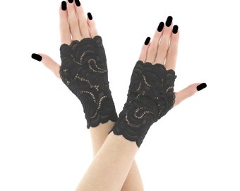 Guantes cortos sin dedos de encaje negro, muñequeras góticas para bodas, manoplas victorianas, calentadores de manos elásticos