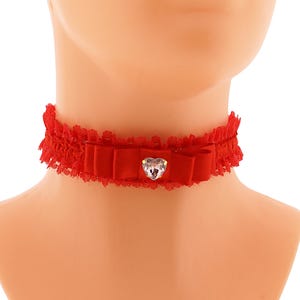 Red Lace Choker Satin Bow, Rhinestone Heart, Romantic Jewelry Handmade Size XS - 53XL