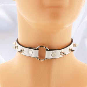Spiked Vegan Leather Choker White: Gothic Punk O-Ring Collar Handmade Size XS - 3XL