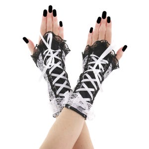 Black white womens gloves fingerless wrist warmers gothic evening women romantic girls goth costume lacing corset short, handmade gift