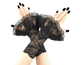 Black Lace Ruffle Arm Warmers, Victorian Gothic Fingerless Gloves