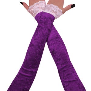 Purple Velvet Opera Gloves Fingerless Lace Trim Evening Arm Warmers Handmade Size XS - 3XL