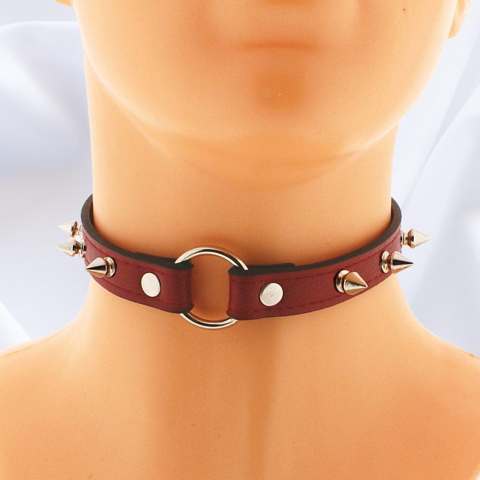 Spiked Vegan Leather Choker: Red O-Ring Goth Punk Collar Handmade Size XS - 3XL