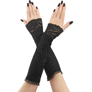 Elegant black velvet gloves, victorian burlesque glamour evening gothic sleeves, black vampire fingerless glove cosplay costume handmade