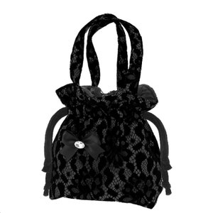 Handmade Black Lace Drawstring Bucket Bow Bag Gothic Evening Wristlet Handbag Goth