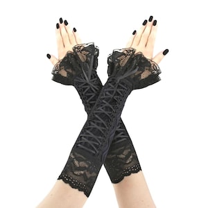 Guantes negros sin dedos con volantes de encaje, mangas con encaje y corsé, estilo gótico, calentadores de brazos para la noche victoriana, hechos a mano, tallas XS-3XL