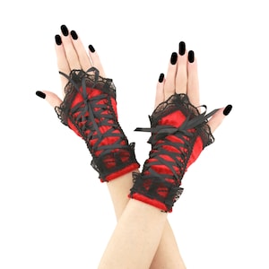 Red velvet womens gloves, goth fingerless gloves wrist warmers goth evening girls goth costume lacing corset gloves short romantic all sizes