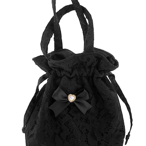 Black Lace Drawstring Handbag: Gothic Bow Evening Bag Romantic handbag Handmade