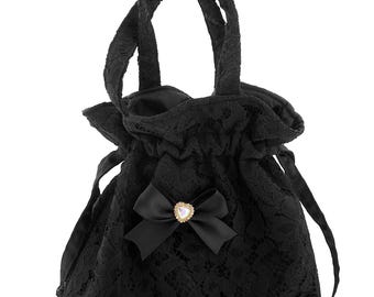 Gothic Lace Evening Bag, Black Ribbon Bow Handbag with Handles, Victorian Vampire Aesthetic Pouch, Dark Romance Wedding Purse, + colors