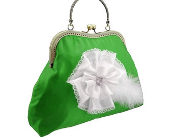 green clutch bridal clutch bridal bag green bag Bridesmaid handbag clutch satin flower bride wedding women's white green 1775