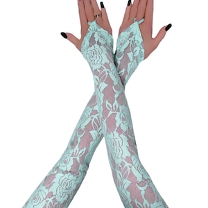Elegant Mint Green Lace Gloves: Bridal Weddin Long Opera Length, Handmade Size XS - 3XL