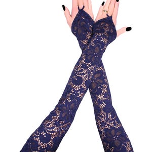 Elegant blue lace gloves, evening opera glamour long gloves, womens romantic victorian elastic lace gloves, burlesque handmade gift