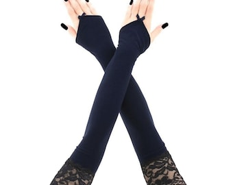 Opera Fingerless Gloves Black Trim Lace & Red Extra Long Evening Sleeves Womens Handmade Size XS - 3XL