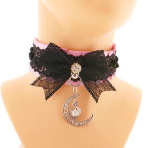Kawaii pink black collar choker satin lace bow with o ring with moon pendant with luminescent moonstone, handmade gift made to order